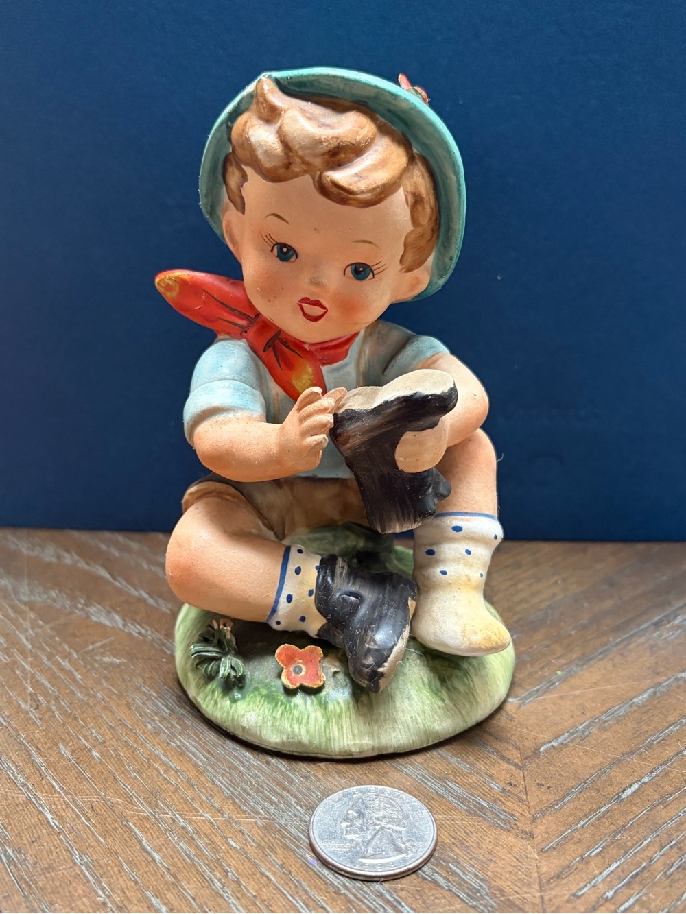 Vintage Shoe Shine Boy Figurine Ceramic Child Green Hat Red Scarf